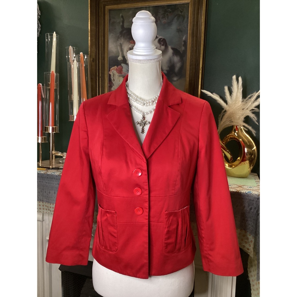 Body by Victoria Red Peplum Blazer Jacket Size 8 Cropped 3/4 Sleeve Cotton Blend